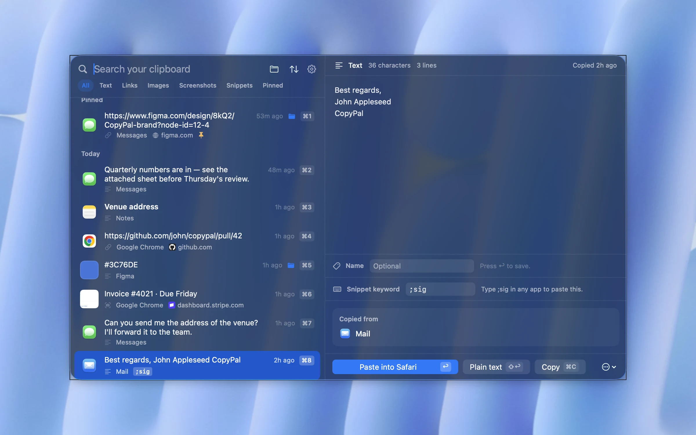 CopyPal with an email signature selected and the snippet keyword ;sig saved, with the message that typing it in any app pastes the signature